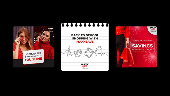 Three promotional squares featuring MaxxSave branding, displaying back-to-school shopping themes and savings announcements.
