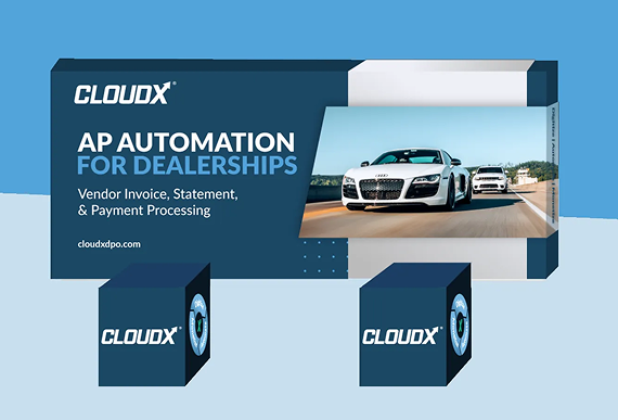 Promotional graphic for CloudX AP automation for dealerships featuring a luxury car on a road and two branded boxes.