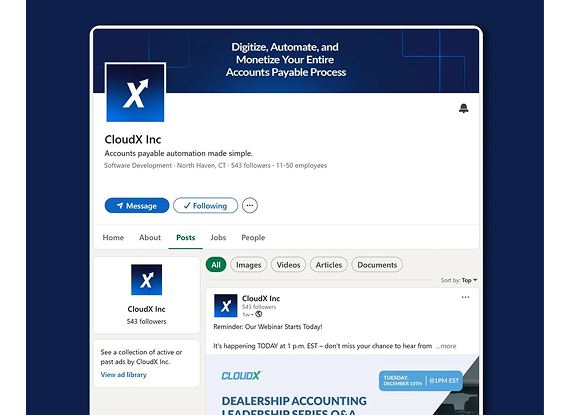 A LinkedIn company profile page for CloudX Inc, featuring an accounts payable automation banner and a recent event post.