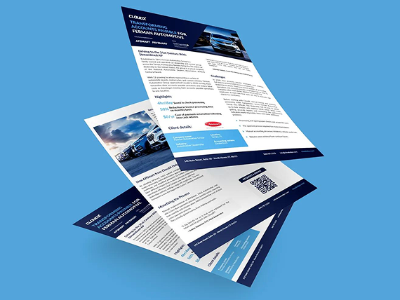Three stacked marketing flyers for an automotive service, featuring dark blue branding, car imagery, and text on a blue background.