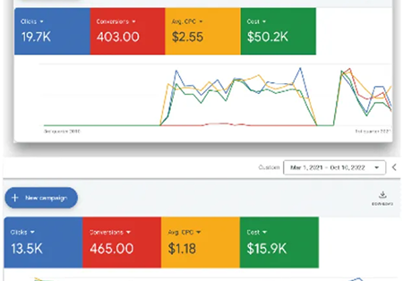 Two digital marketing dashboards showing metrics like clicks, conversions, average CPC, and costs with performance graphs.