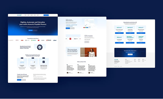 A display of three website interface designs featuring a dark blue theme, promotional text, and service-based grids.