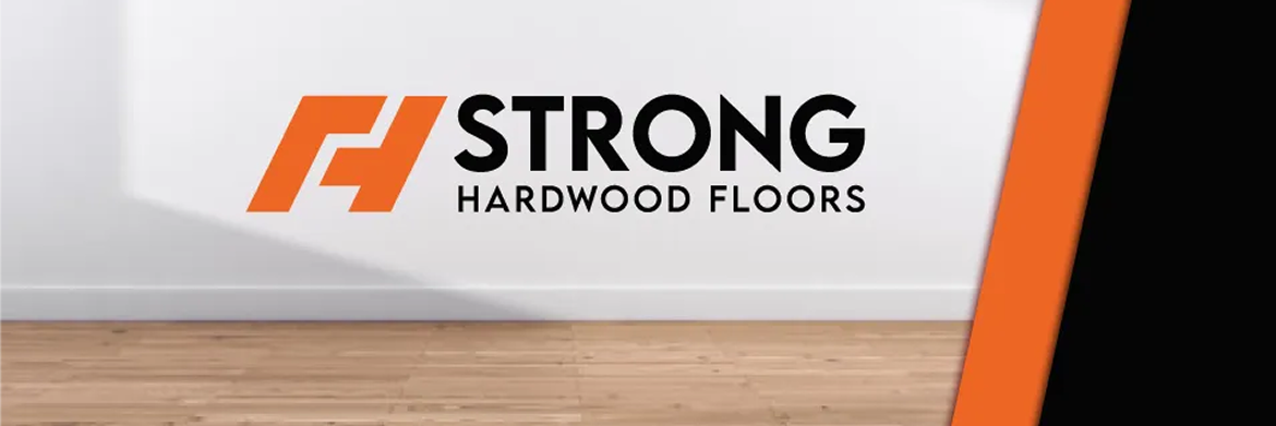 Logo for Strong Hardwood Floors featuring an orange geometric icon over light brown flooring against a white wall.