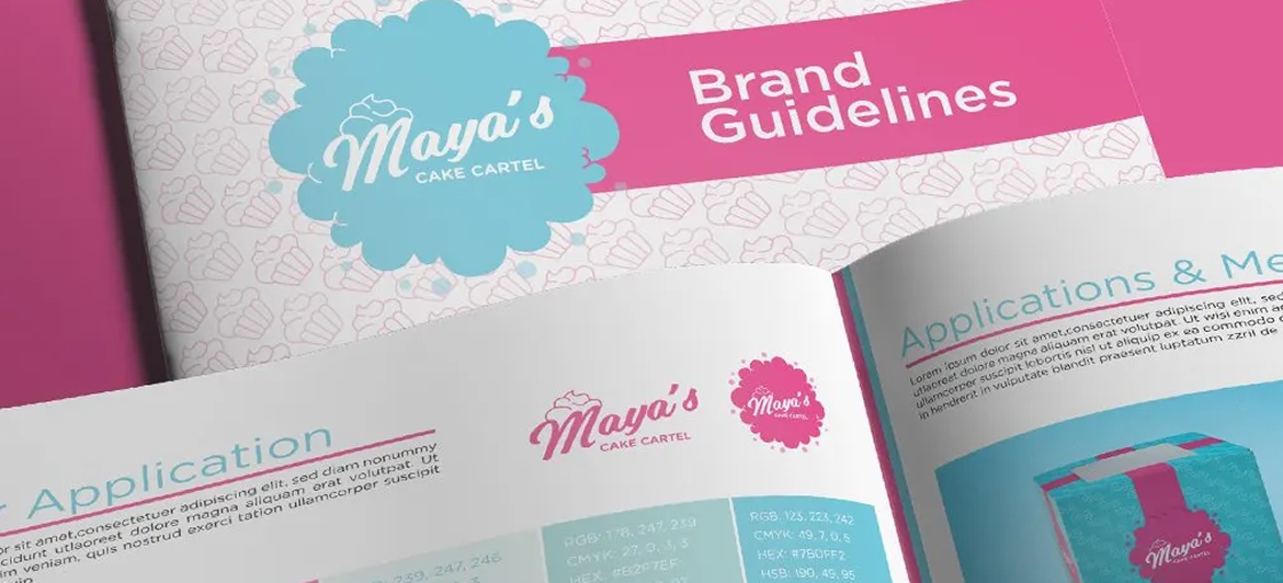 A Maya’s Cake Studio brand guidelines document, featuring a pink and blue color scheme with a scalloped circular logo.