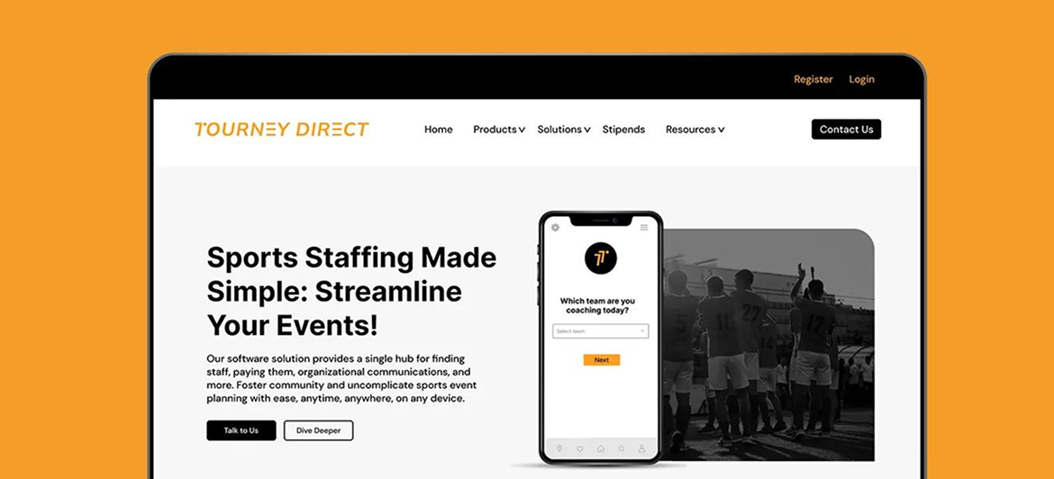 Website landing page for Tourney Shift, a sports staffing service, featuring a phone interface and event text.