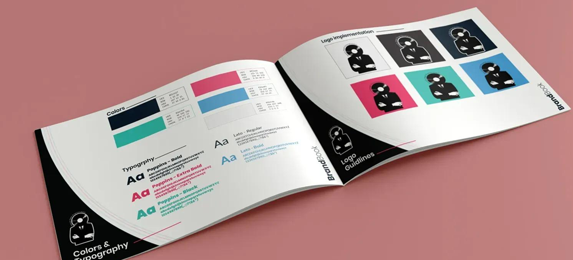 An open brand guidelines manual displaying logo variations, color palettes, and typography on a pink background.