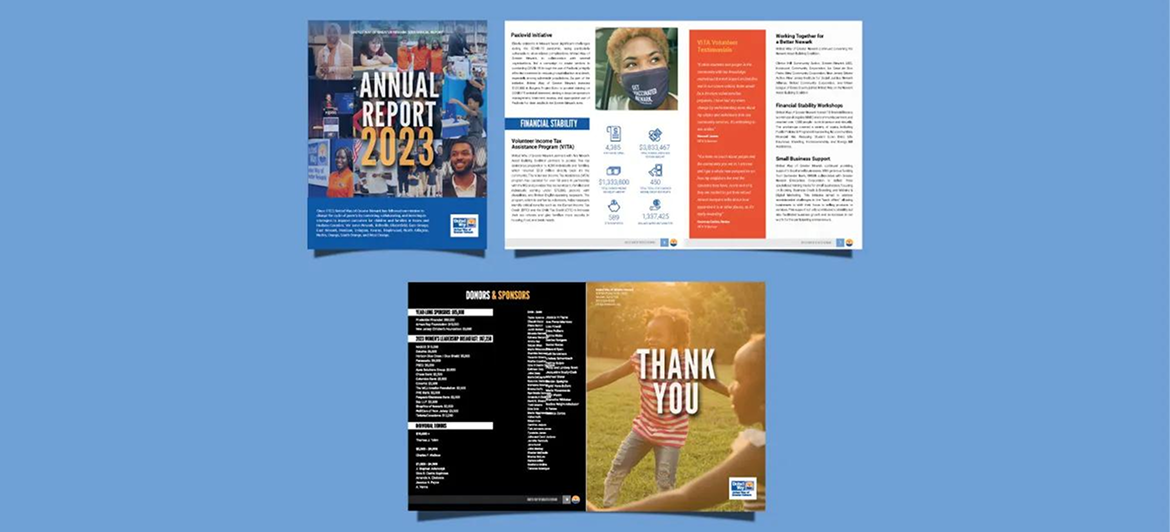 Layout of a 2023 annual report featuring a cover, information page with statistics and sponsors, and a thank you back cover.
