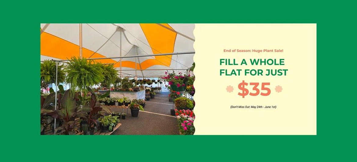 Plant nursery sale promotion offering a flat of plants for $35, featuring a greenhouse setting with orange and white awnings.