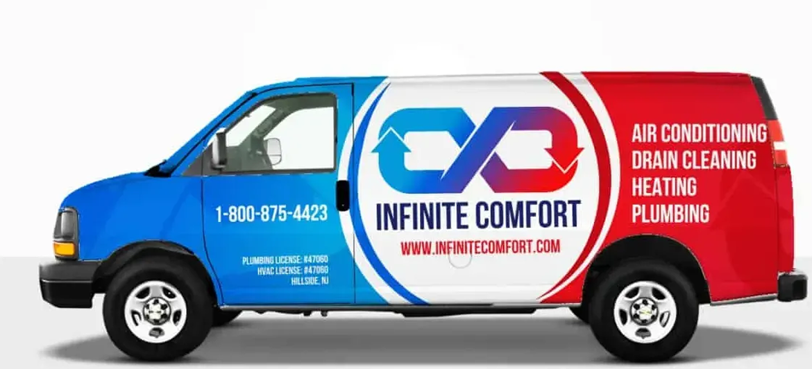 A white service van with blue and red branding for Infinite Comfort, advertising air conditioning, heating, and plumbing.