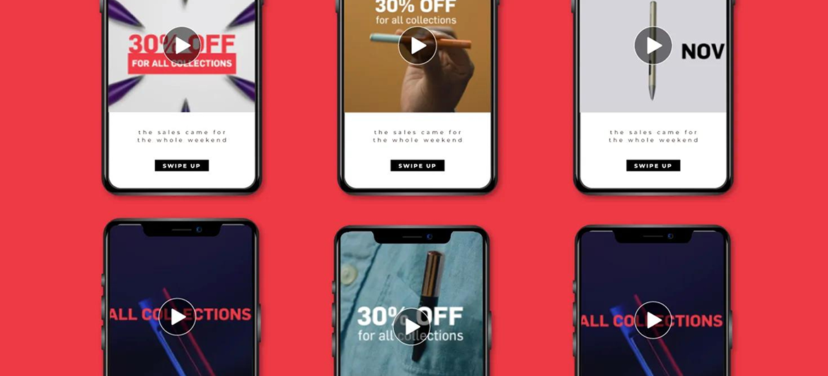 Six smartphones arranged on a red background, each displaying promotional ads for 30% off pen collections with play buttons.