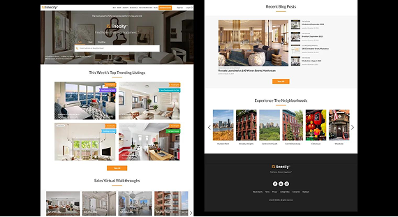 Two side-by-side screenshots of a real estate website displaying property listings, search bars, and navigation menus.
