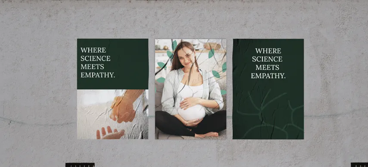 Three panels on a gray wall: one with text and a hand-holding image, one with a pregnant person, and one with text.