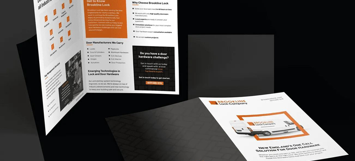 A promotional brochure and folder featuring orange and black branding against a dark background.