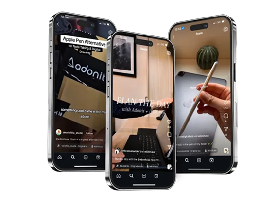 Three smartphones arranged to show social media videos featuring the Adonit stylus and digital planning tools.