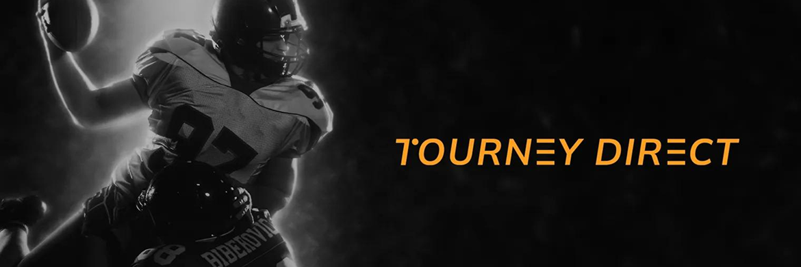 A football player in uniform prepares to throw a ball next to the text 