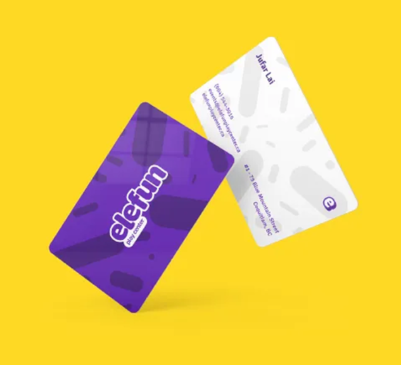 Two business cards floating against a yellow background, one purple with the Elefun logo, the other white with contact info.