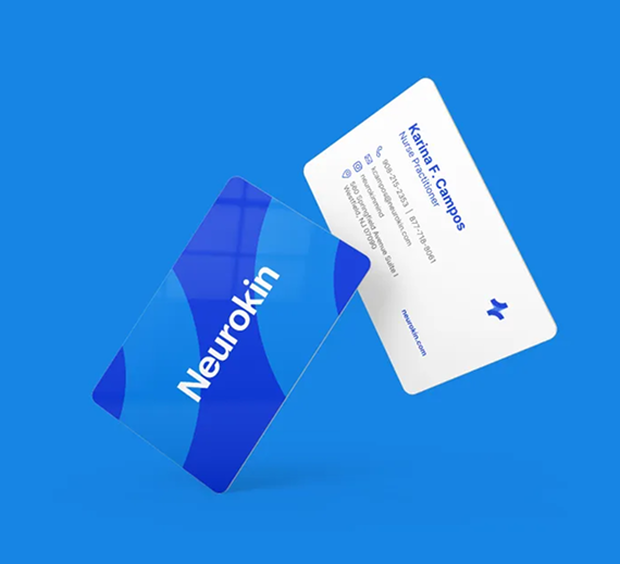 Two business cards for Neurokin, one showing the brand name and one with contact details for Karina F. Campos.