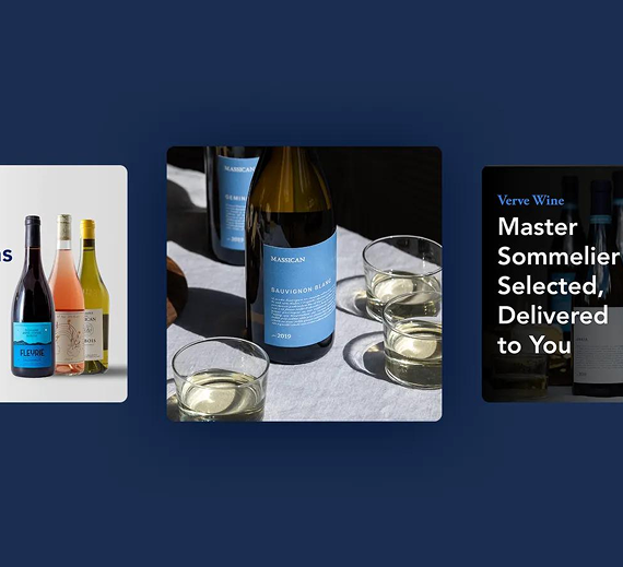 A promotional graphic featuring three wine bottles, a bottle on a table with wine glasses, and 