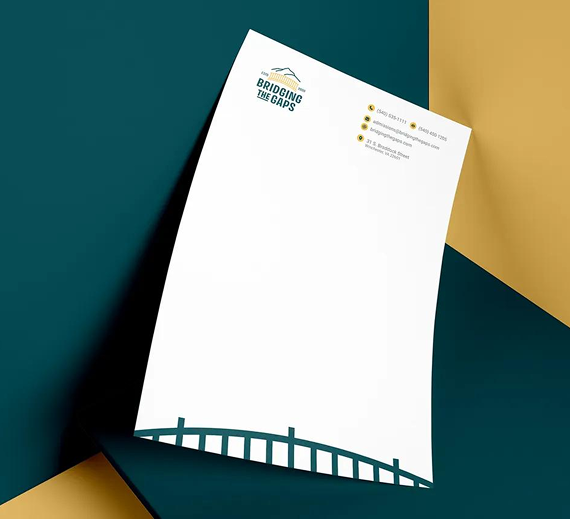 A letterhead template with a logo, contact info, and a bridge graphic at the bottom, displayed on a teal and gold background.