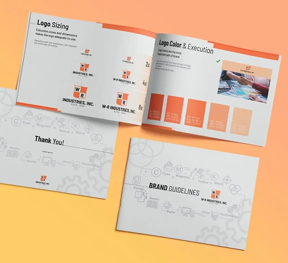 Three open brochures displayed on an orange background, showcasing brand guidelines for WR Industries with logos and colors.