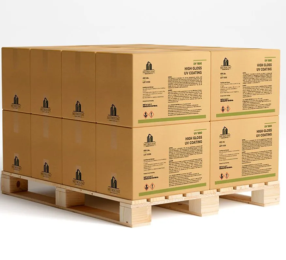 A wooden pallet stacked with eight brown cardboard boxes of high gloss UV coating against a plain white background.