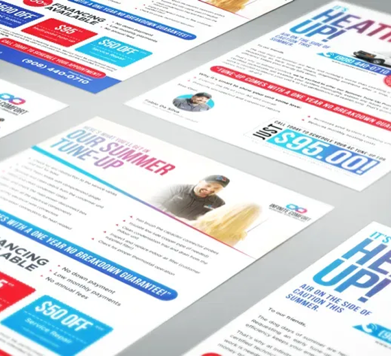 A stack of promotional flyers for home cooling system tune-ups featuring blue and red text, service details, and a logo.