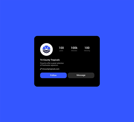 A dark mode social media profile card for Tri-City Tropicals with 100 posts, 100k followers, and 100 following.