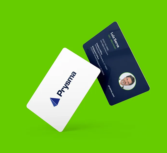 Two floating business cards, one white with a navy logo and one navy with personal contact details, set against green.
