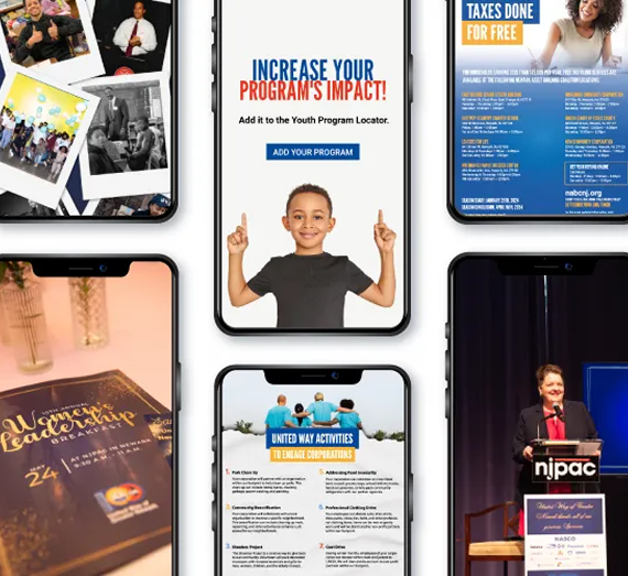 Five smartphones display various webpages for a community organization, featuring event flyers and program information.