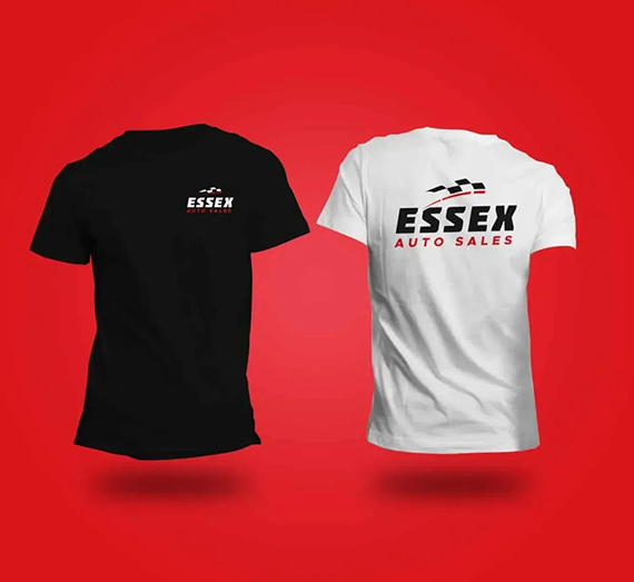 A black t-shirt and a white t-shirt on a red background, both featuring an 