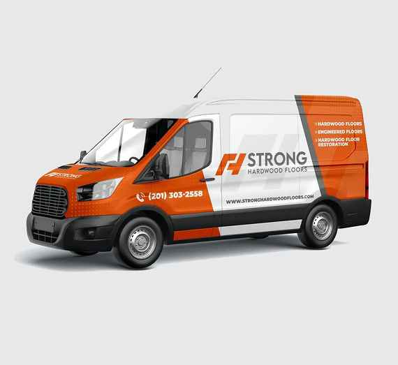 A white and orange work van for Strong Hardwood Floors featuring their phone number and services listed on the side.