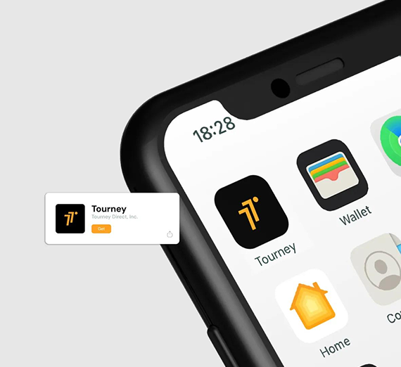 A smartphone home screen showing the Tourney app icon, with a notification pop-up for the same app nearby.