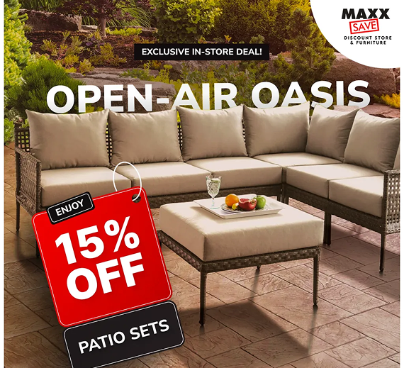 Promotional ad for Maxx Save featuring a beige wicker patio sectional and ottoman with a red 15% off coupon graphic.