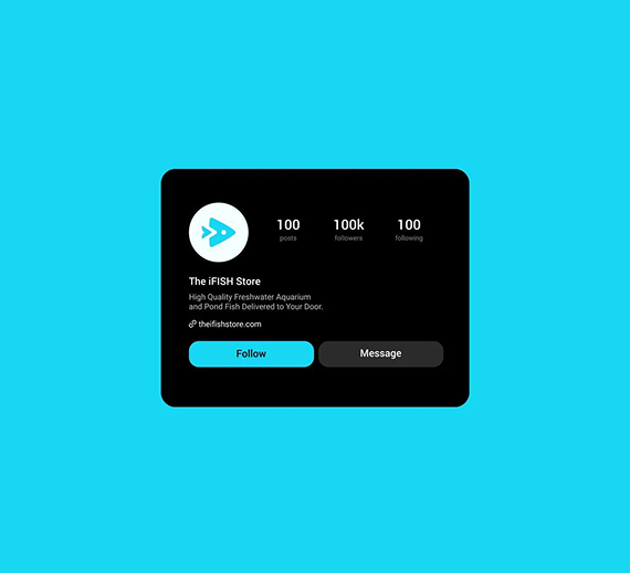 Social media profile card for Fishzone with 100k followers, featuring a blue fish logo on a dark background.