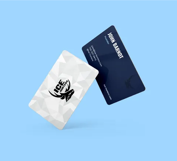 Two business cards, one white with a geometric pattern and logo, the other dark blue with text, floating on a light blue background.