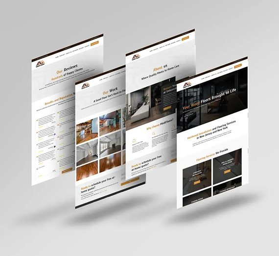 Four overlapping, angled website interface mockups featuring a flooring company on a light grey background.