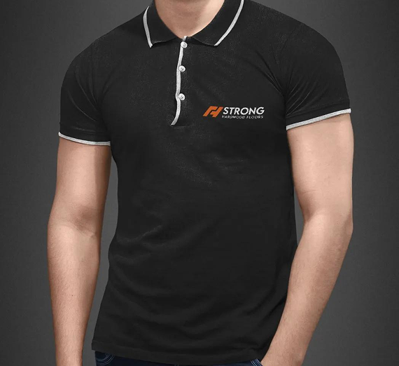A black short-sleeved polo shirt with white trim on the collar and sleeves, featuring a small 