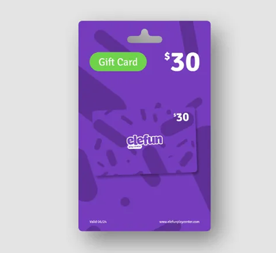A purple $30 Elefun gift card displayed on its packaging.