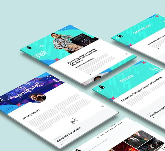 An isometric view of multiple webpage design mockups featuring DJ Johnny Stuart with blue and white branding.