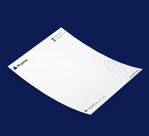 A white Pryma branded letterhead on a dark blue background, featuring a minimalist logo and geometric line accents.