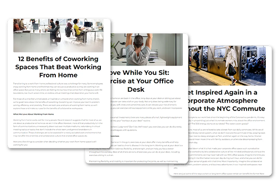 Three overlapping blog post previews featuring workplace topics: coworking benefits, office desk exercise, and commuting.