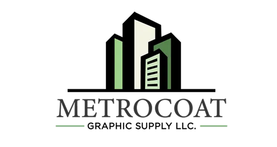 Logo for Metrocoat Graphic Supply LLC featuring a stylized illustration of three buildings in shades of black and green.