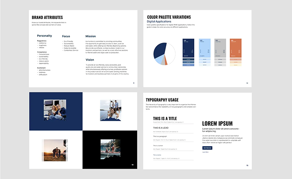 A brand guidelines document showing four panels with personality traits, color palettes, photography styles, and typography.