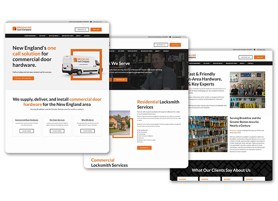 Three webpage designs for a locksmith company featuring service descriptions, team photos, and business contact info.