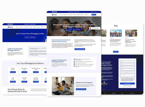 Three mockups of a mortgage lender's website displaying loan options, educational content, and a contact form.