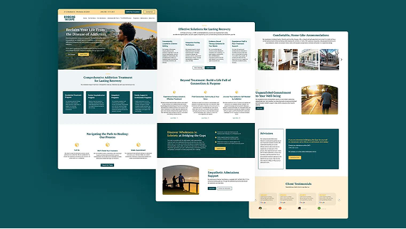 Three web page mockups displayed against a dark teal background, showcasing clean layouts with white, teal, and gold.