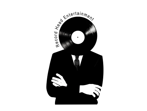 A black and white logo featuring a person in a suit with a vinyl record for a head and the text 