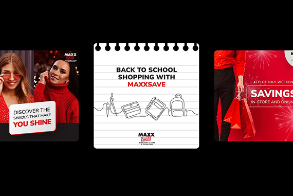 Three promotional panels showing MaxxSave back-to-school items, holiday style clothing, and red gift bags against red backgrounds.