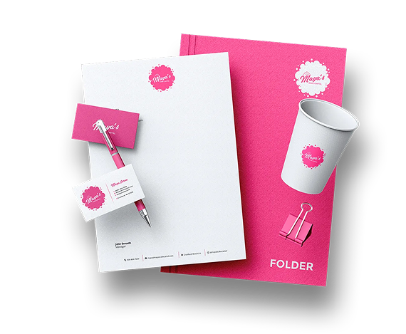 Branding mockup featuring a white notepad, business cards, pen, paper cup, and pink folder, all with a pink circular logo.