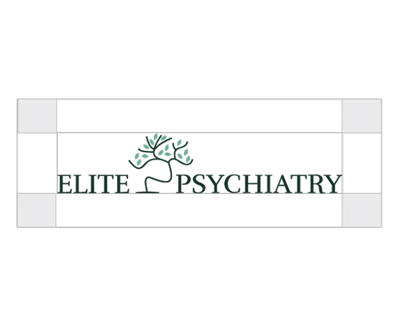 Logo for Elite Psychiatry featuring a stylized green bonsai tree icon between the words 